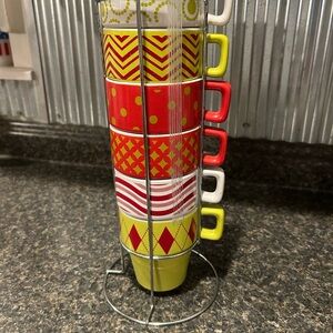 Colorful Stacking Mug Set with Stand Bohemian Kitchen Gypsy Mugs 10oz Mugs NEW